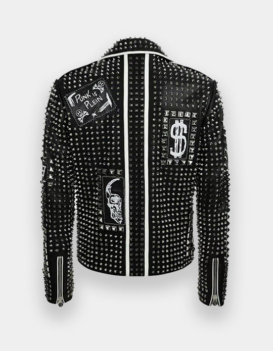 Men's Full Studded Embroidery Patches Leather Jacket, Biker-Jacke mit Nieten